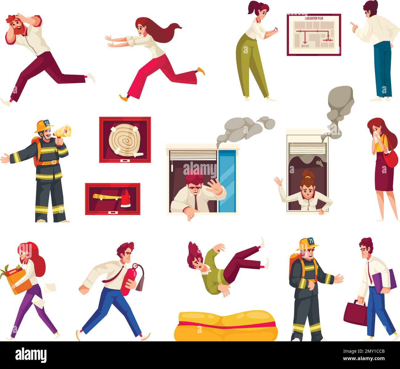 Evacuation cartoon icons set with people escaping fire alarm isolated ...