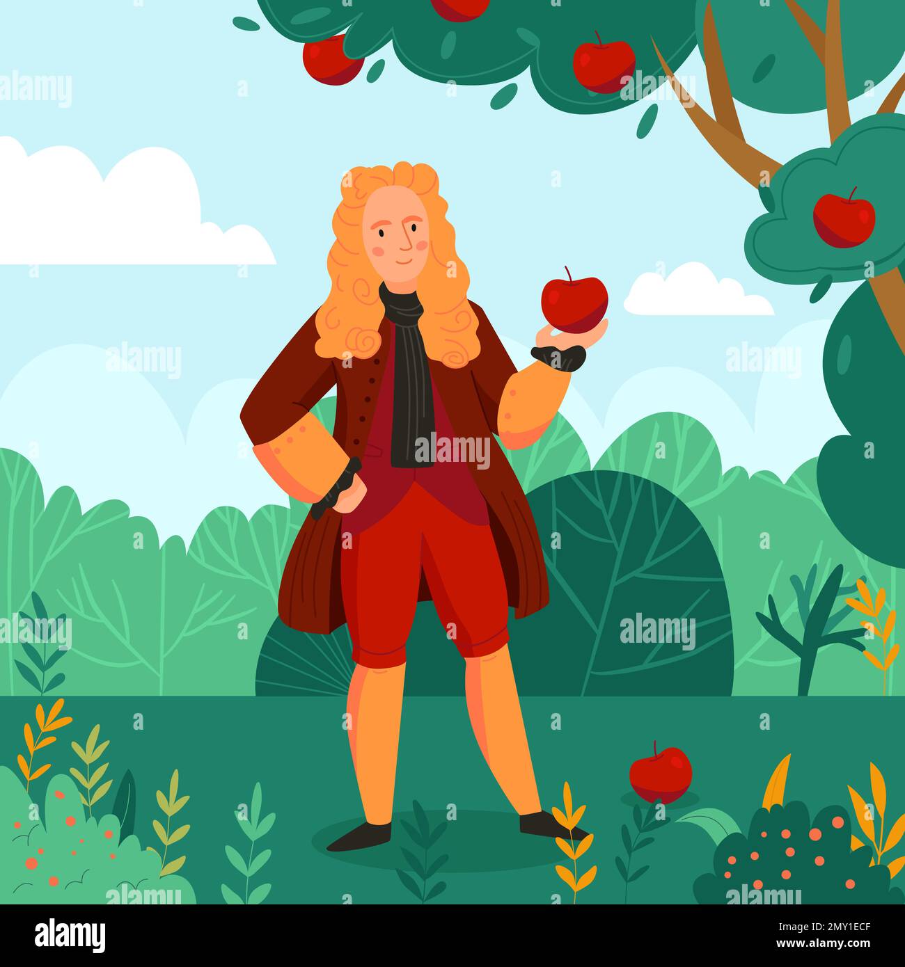 Great scientist isaac newton holding apple in garden flat vector illustration Stock Vector