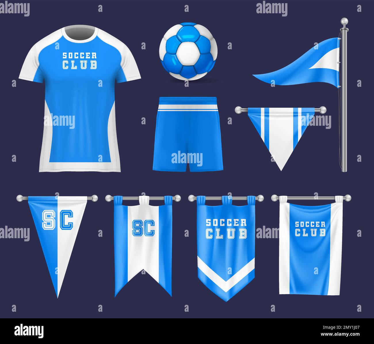 Realistic flag soccer football mockup set with isolated images of