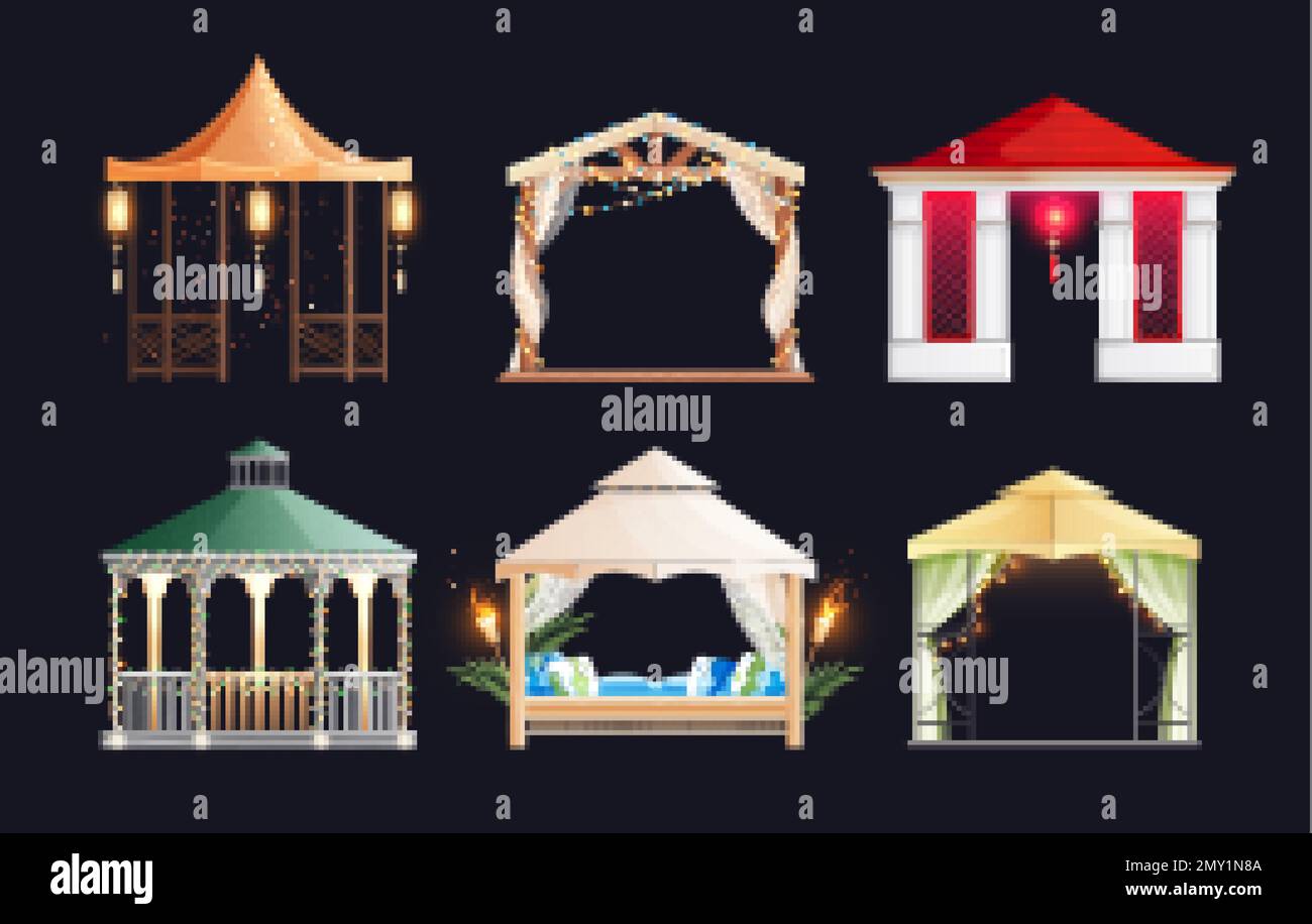 Gazebo in various styles at night time decorated with lanterns torches ...