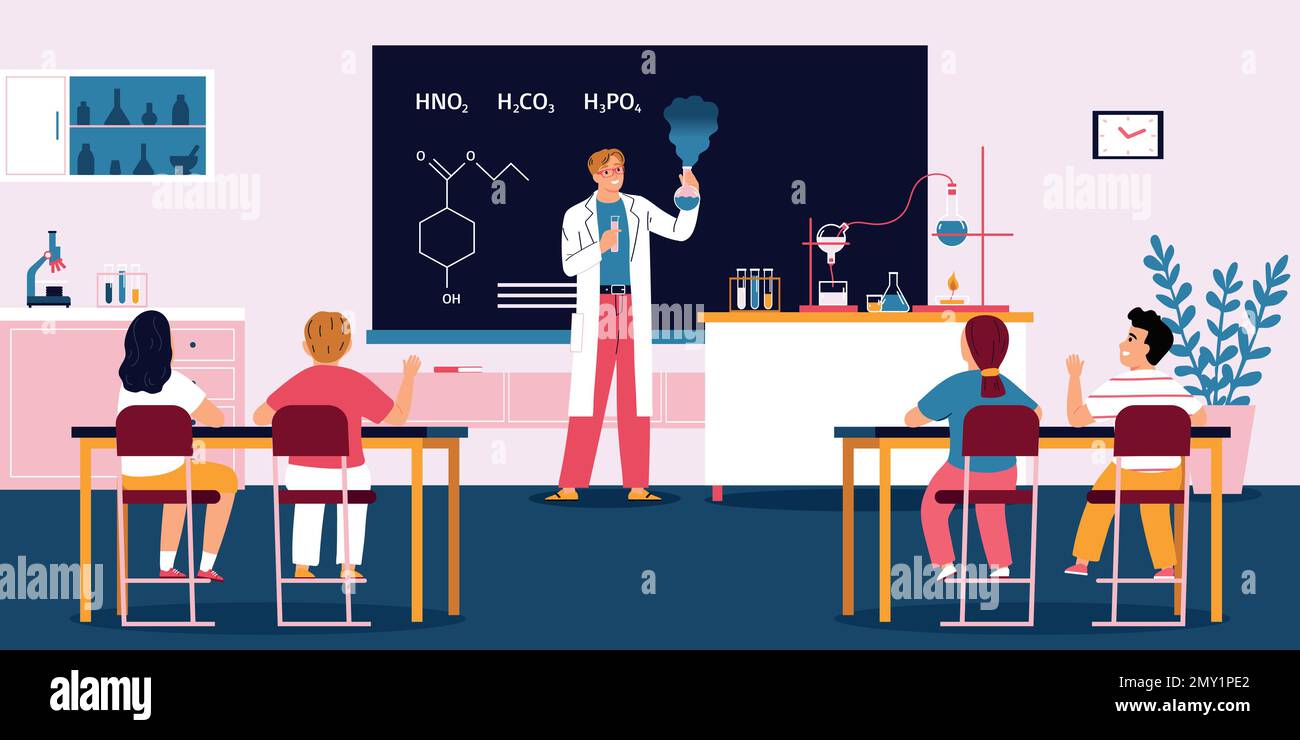 Chemistry school lesson classroom interior with interested learners looking at male teacher performing chemical experiment flat vector illustration Stock Vector