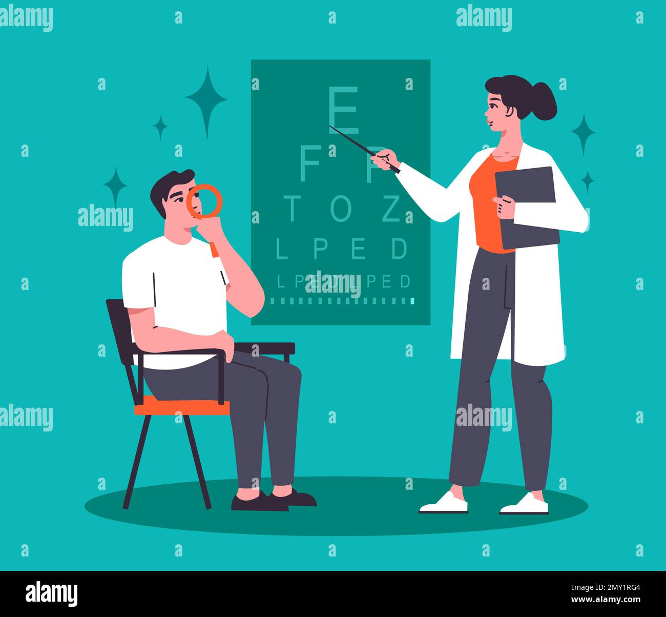 Ophthalmologist flat background with female doctor in hospital uniform doing eyesight examination at eye testing chart vector illustration Stock Vector