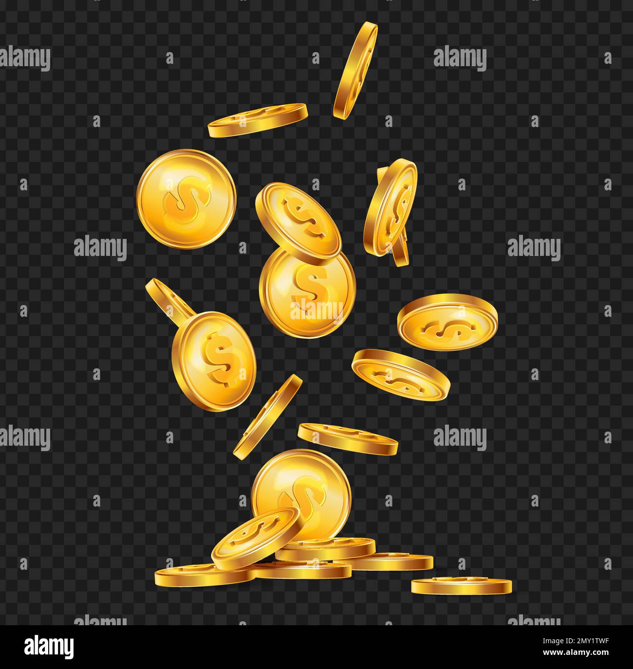 Realistic golden coins fall down composition with dark transparent background and view of shining money spatter vector illustration Stock Vector