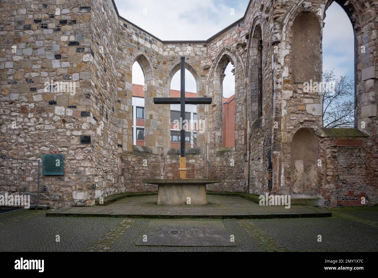 Cross at Aegidien Church (Aegidienkirche) war memorial Ruins - Hanover, Lower Saxony, Germany Stock Photo