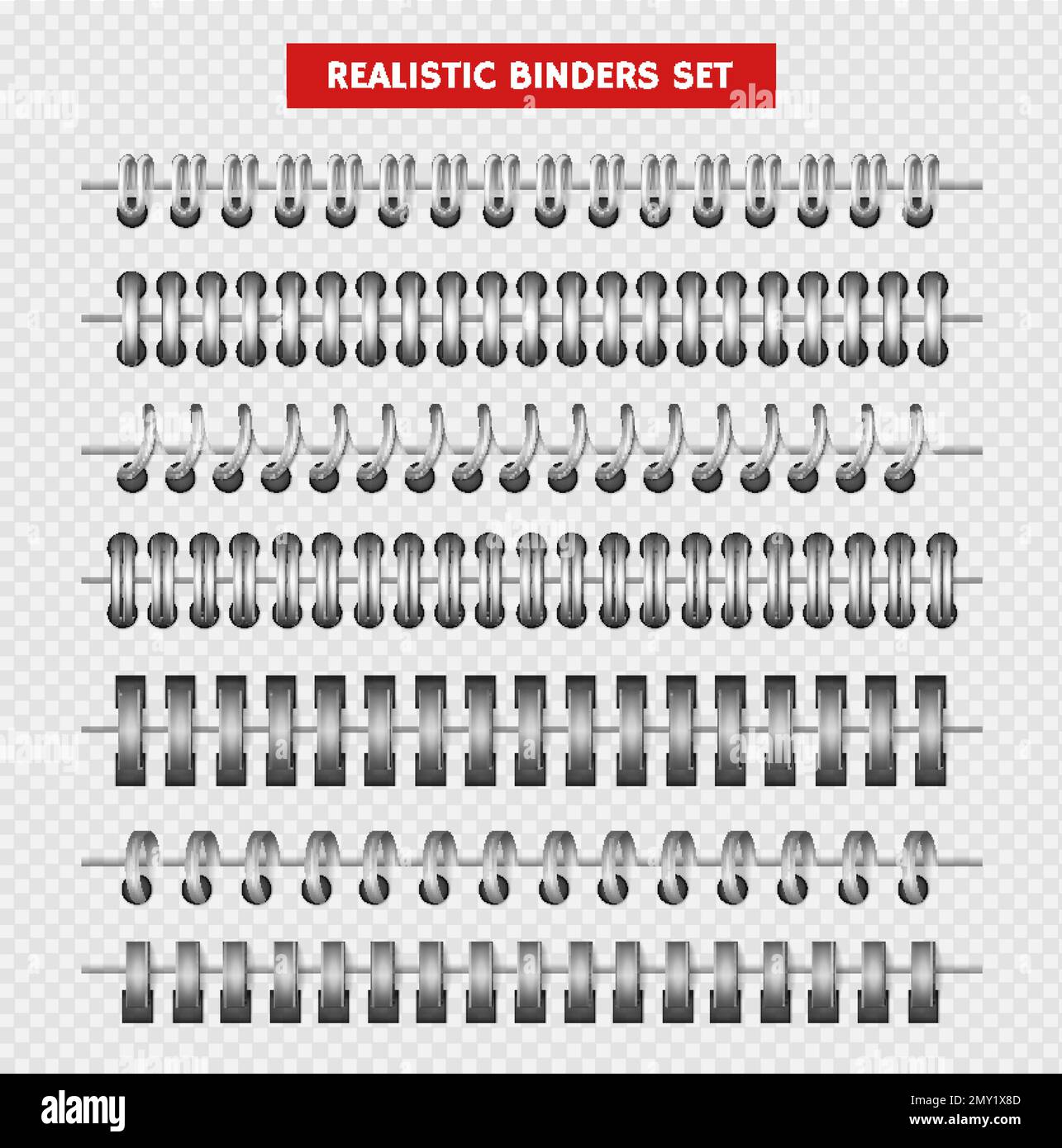 Realistic metal binders transparent set with text and isolated rows of