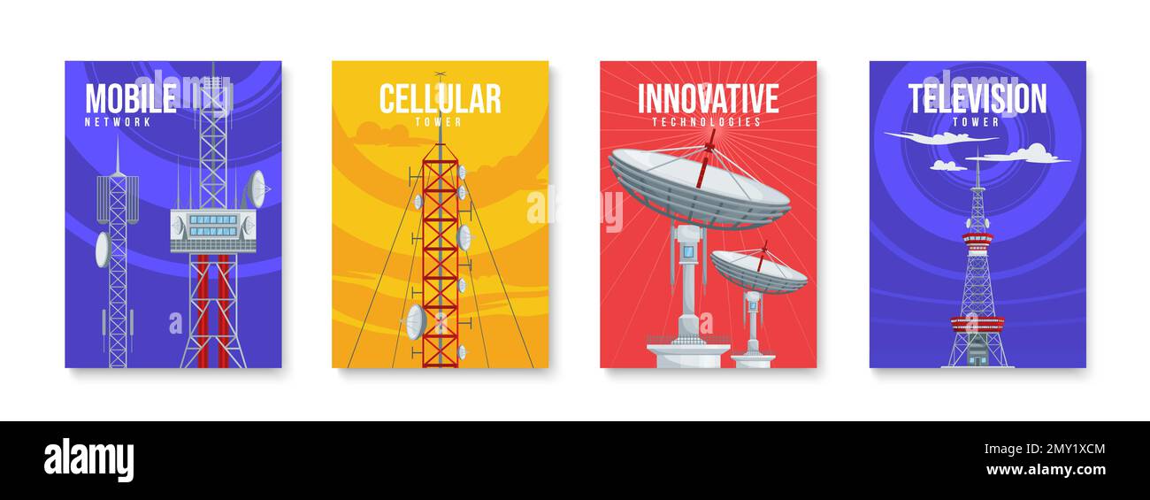 Communication towers set of four isolated vertical posters with editable text and cellular antennas with waves vector illustration Stock Vector