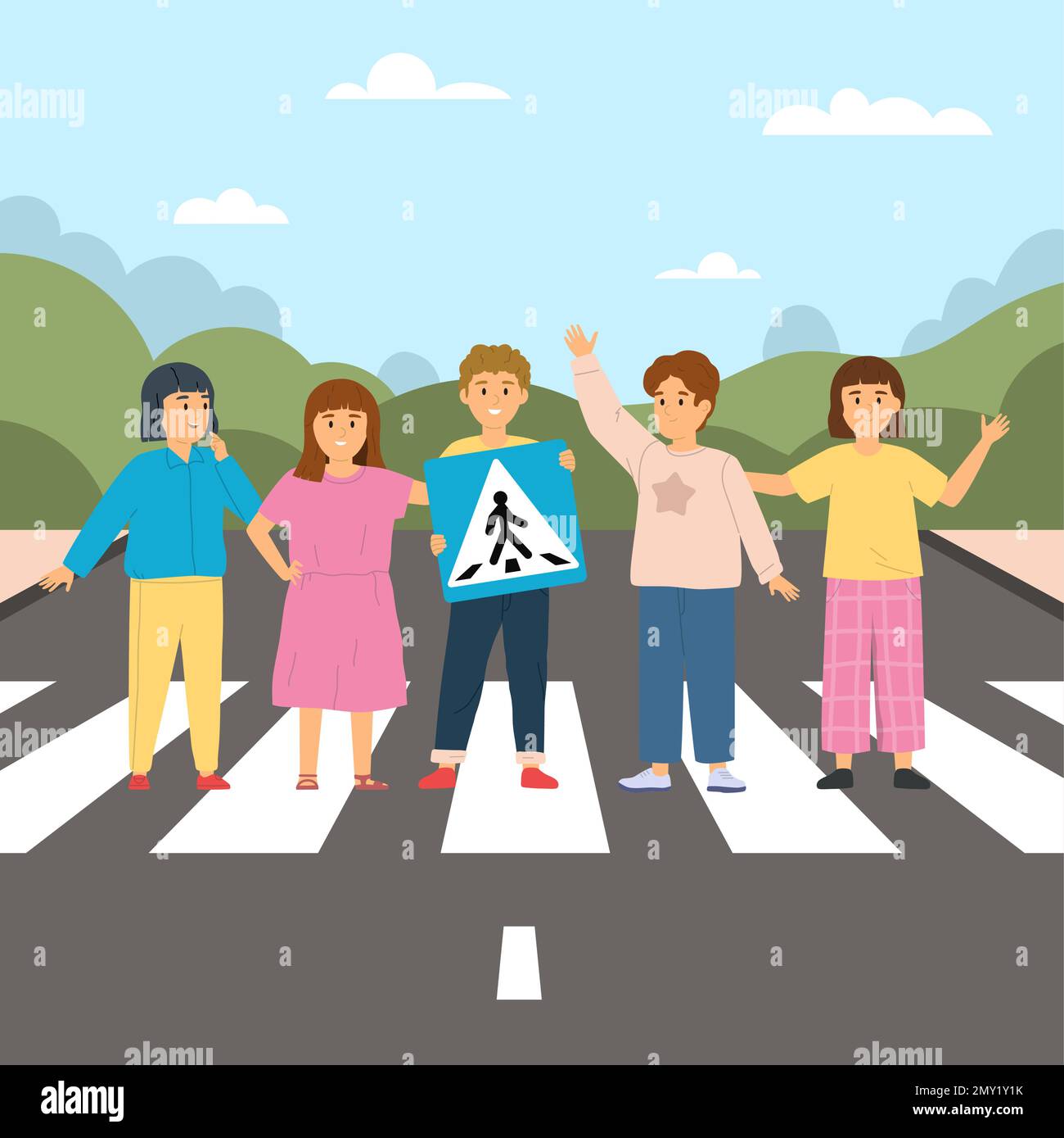 Children road rules composition with outdoor landscape and kids standing on street crosswalk holding traffic sign vector illustration Stock Vector