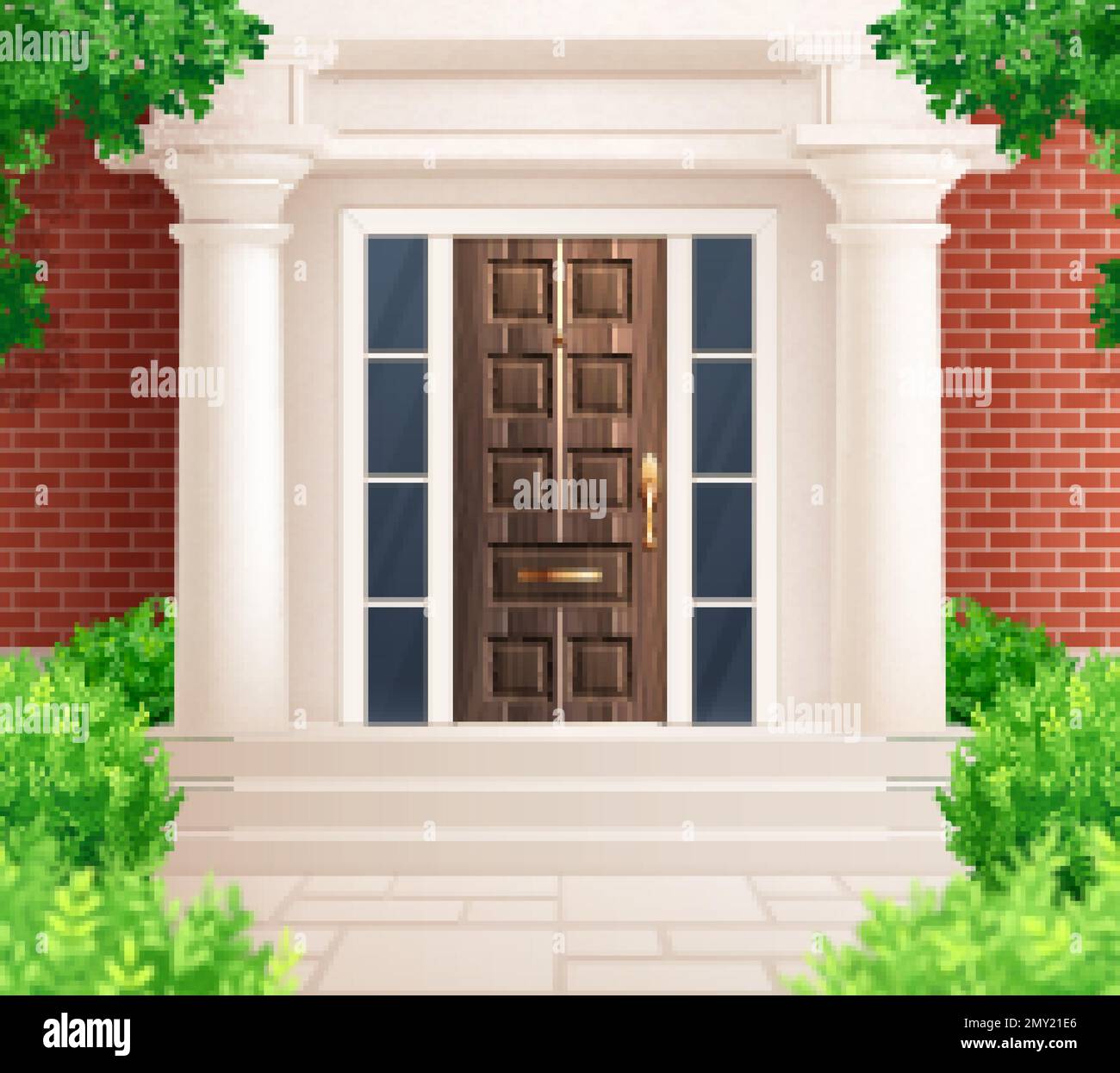Traditional house front composition with view of home entrance with wooden door classic pillars and leaves vector illustration Stock Vector