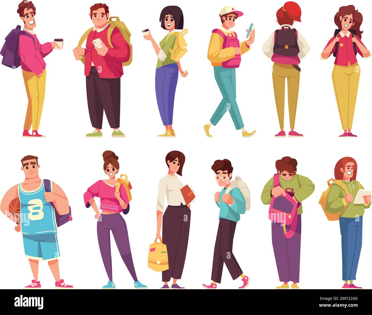 Male and female students with backpacks cartoon icons set isolated