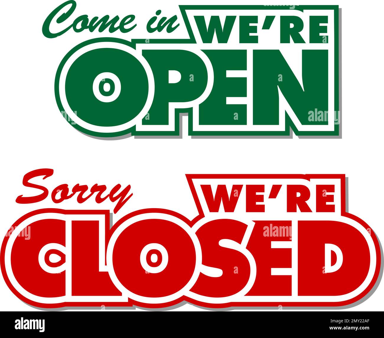 Lettering we are open closed for door sign. Vector template on transparent background Stock Vector