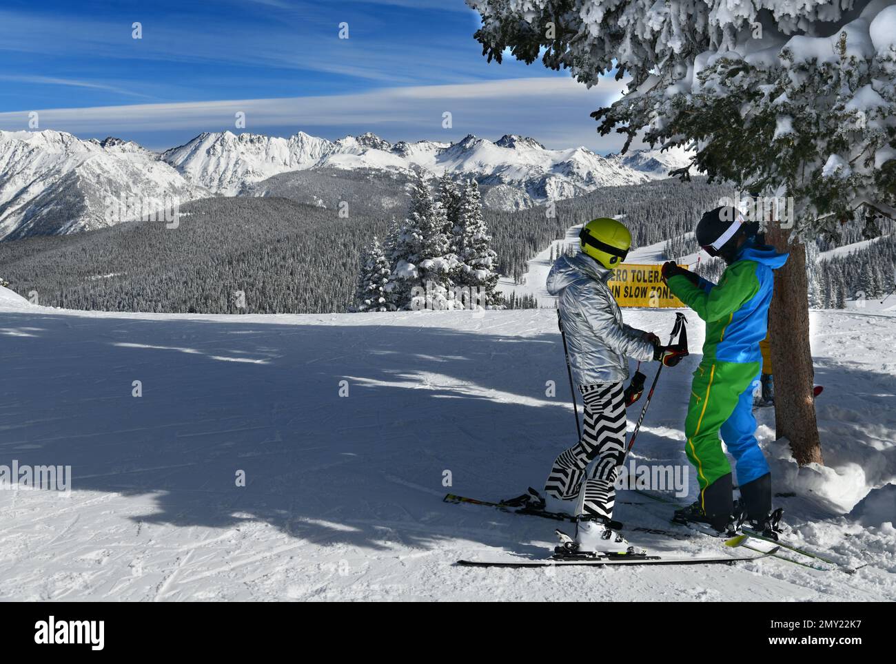 Skiers getting ready downhill at the Vail Mountain Ski Resort, Colorado. Stock Photo