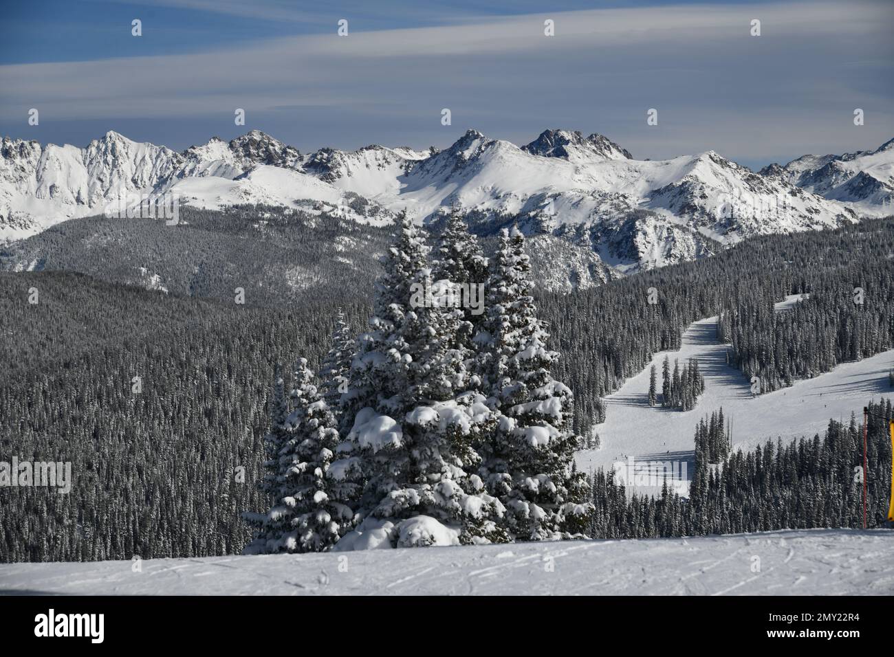 Breathtaking top view to the snow capped peaks of the Colorado Rockies in winter, Vail Ski Resort. Stock Photo