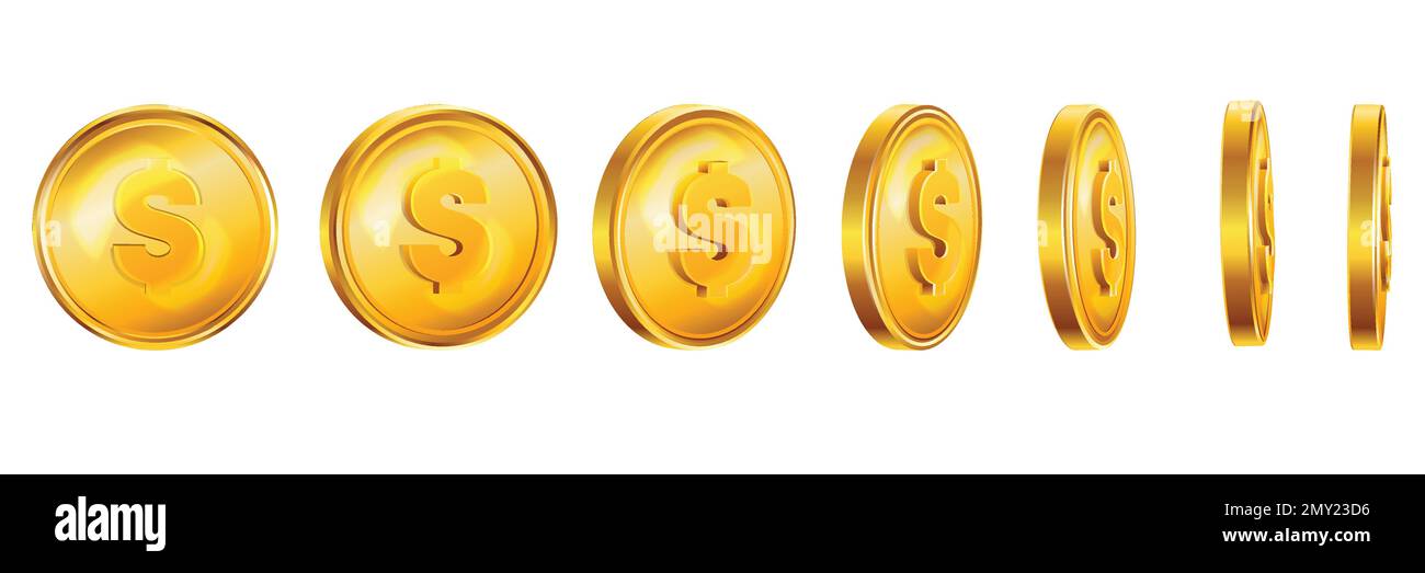 Realistic golden coins set of isolated colorful icons with revolving ...