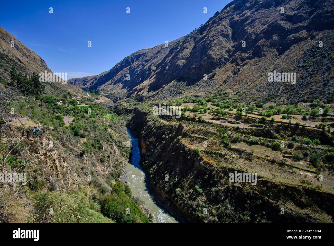 Arid landscape of mountains, mountains, grasslands, and sparse or shrubby vegetation. Scenario that can be observed to the south of the Mantaro river Stock Photo