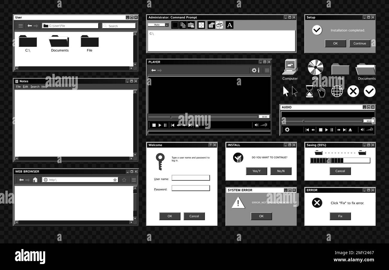 Old program windows set with isolated monochrome images of retro application interface with icons and buttons vector illustration Stock Vector