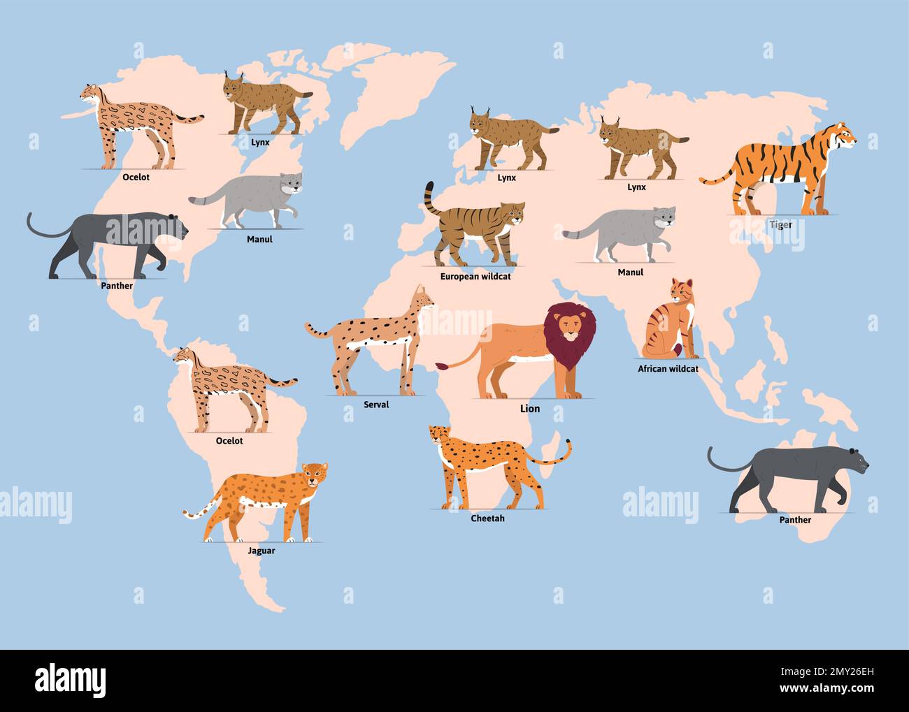 Wild cats world map flat composition with map of world with icons of cat family felines vector illustration Stock Vector