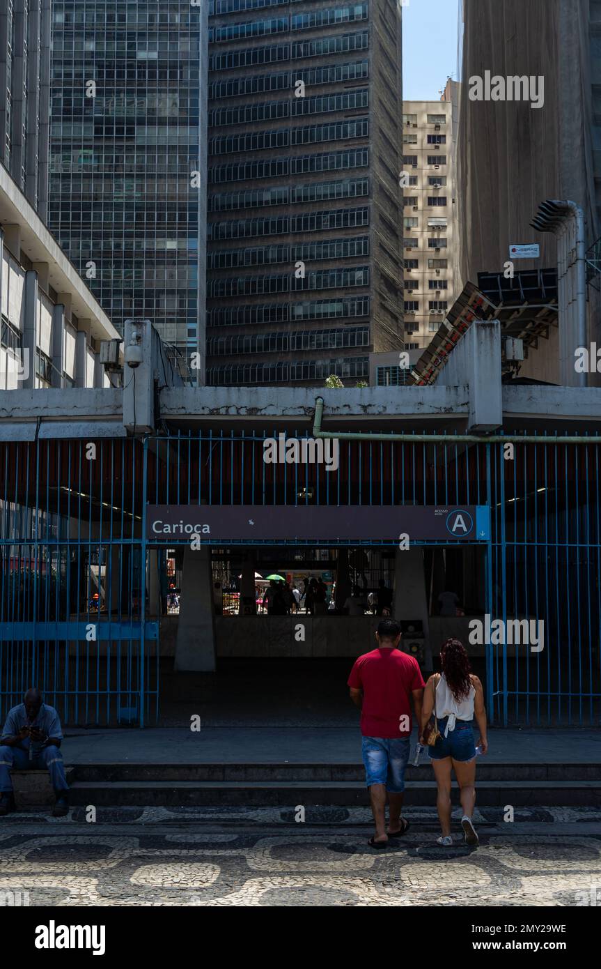 The A access of Carioca metro station (Lines 1 and 2) located at Largo da Carioca square between Centro district high rise buildings under clear sky. Stock Photo