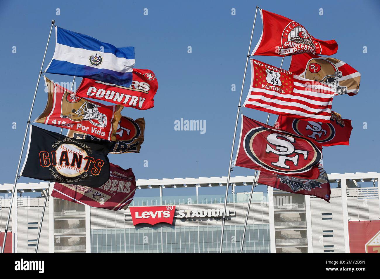 Flags fly in the parking lot of Levi's Stadium before the start of an NFL  preseason football game between the San Francisco 49ers and the Green Bay  Packers Friday, Aug. 26, 2016,