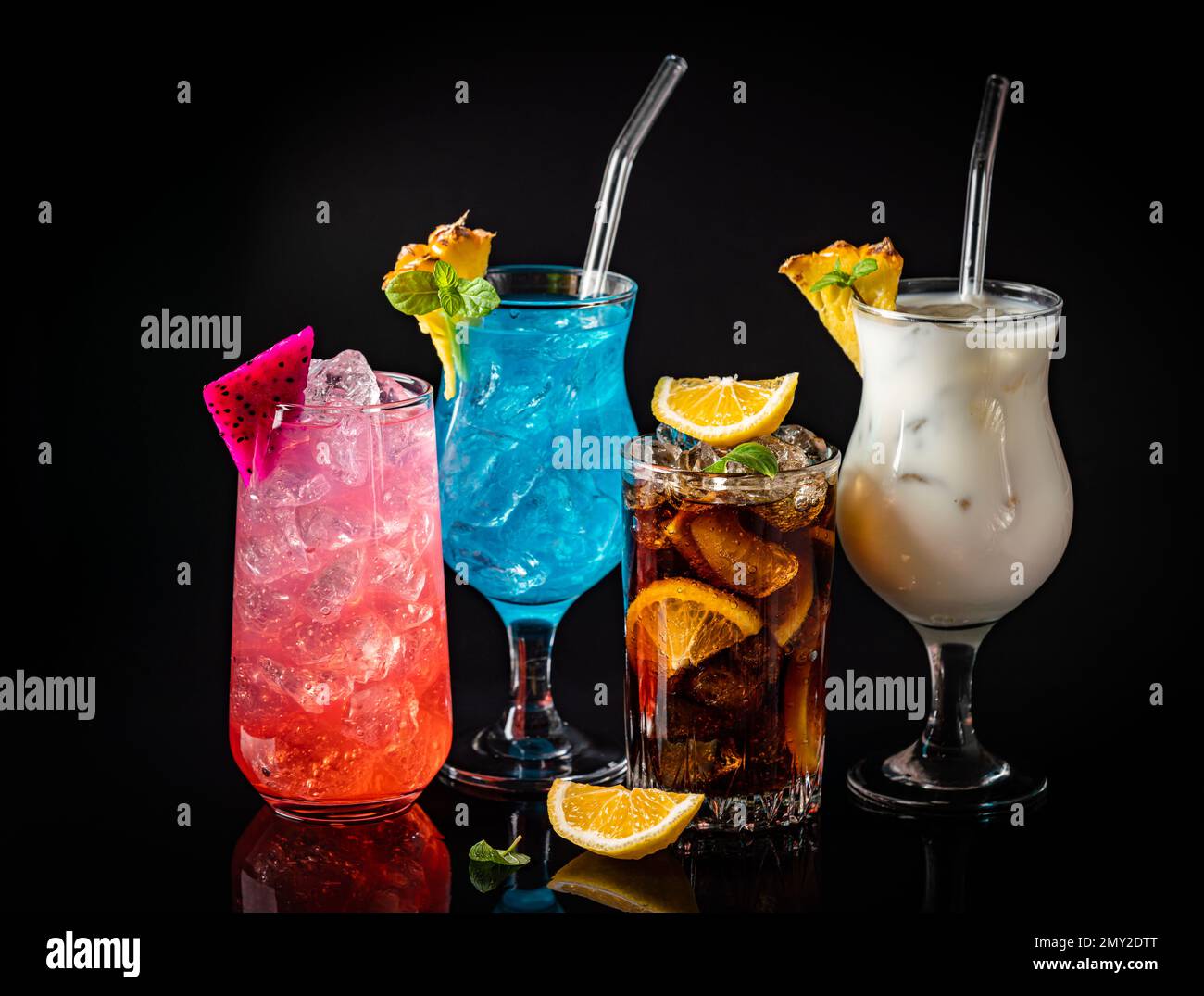 Set of summer classic tropical alcoholic cocktails on black background