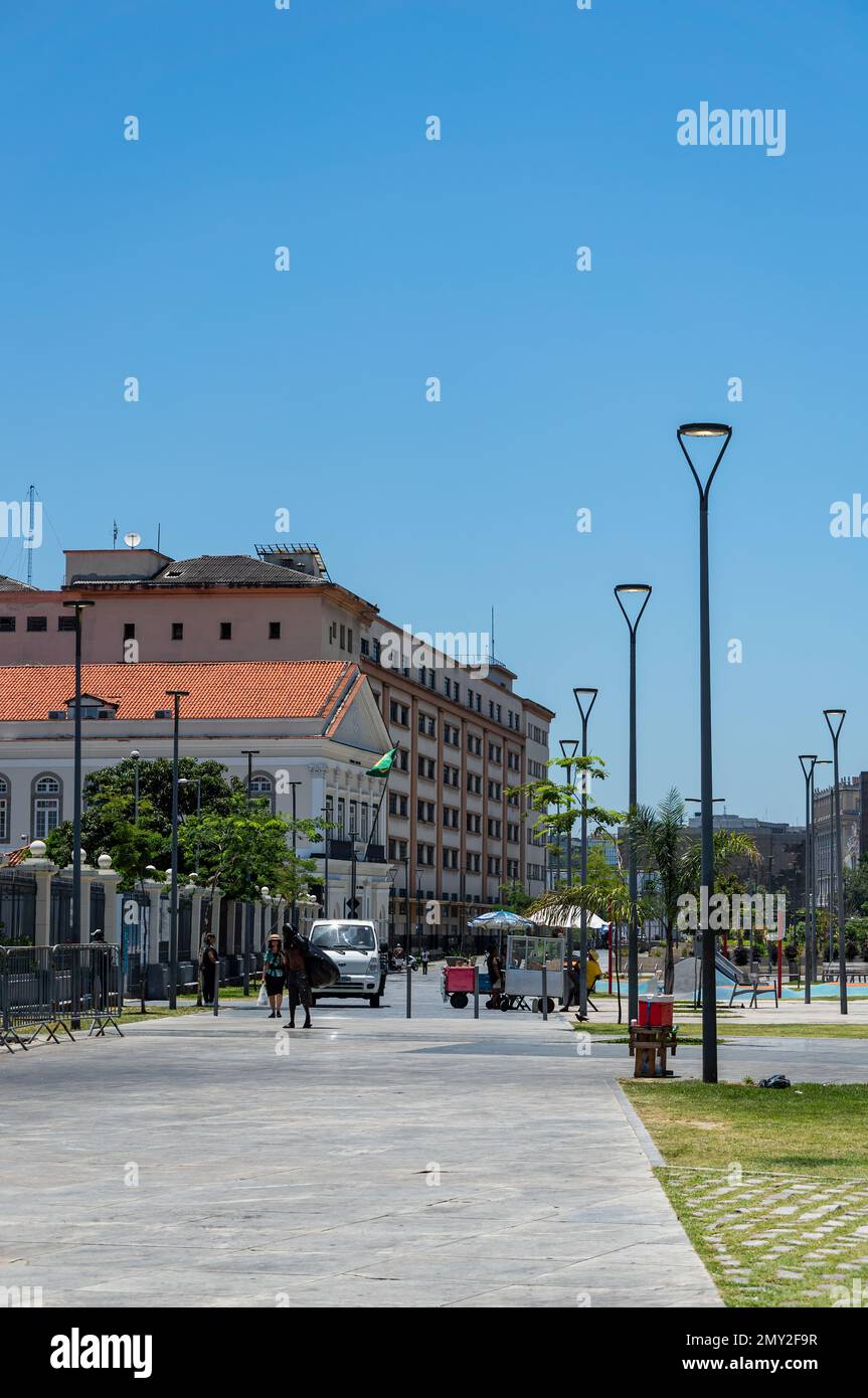 Southeast view of Olympic Boulevard (Boulevard Olimpico) nearby Praca XV hospital and maternity and Maritime court under summer sunny clear blue sky. Stock Photo