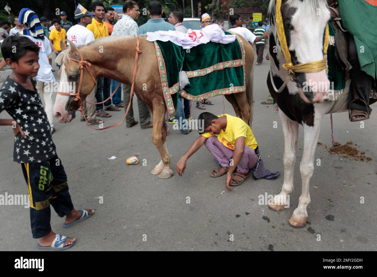 A Bangladeshi horse man sits exhausted after a procession to celebrate