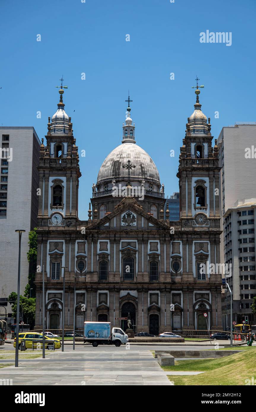 Front view of Candelaria church facade as saw from Olympic Boulevard (Boulevard Olimpico) promenade in downtown under summer afternoon clear blue sky. Stock Photo
