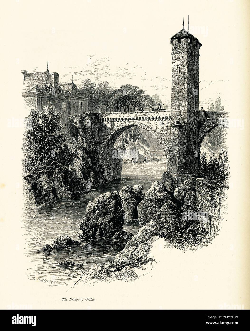 19th-century engraving of the bridge over the Gave de Pau in Orthez ...
