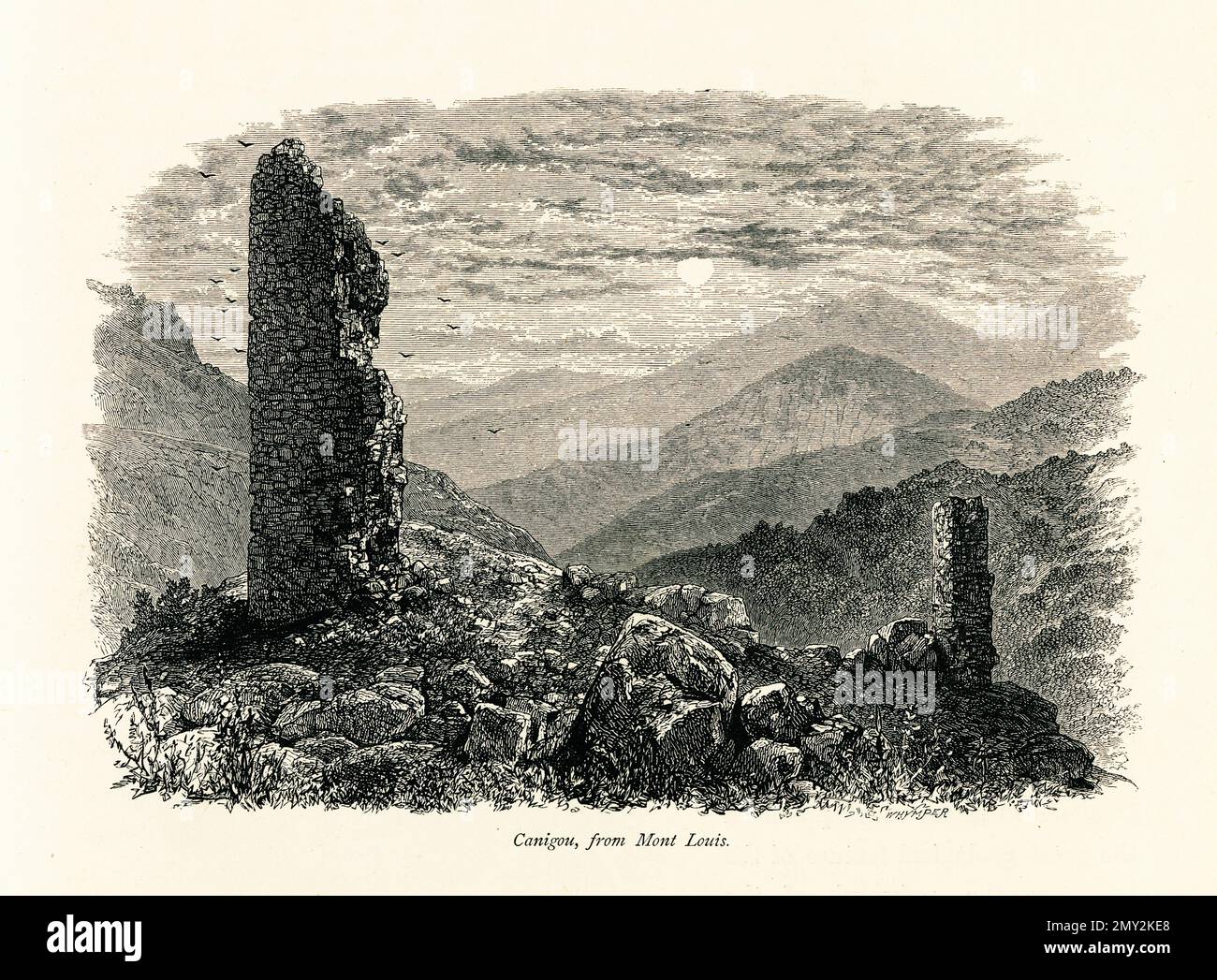 Antique illustration of Canigou, a mountain in the Catalan Pyrenees of southern France. Engraving published in Picturesque Europe, Vol. III (Cassell & Stock Photo