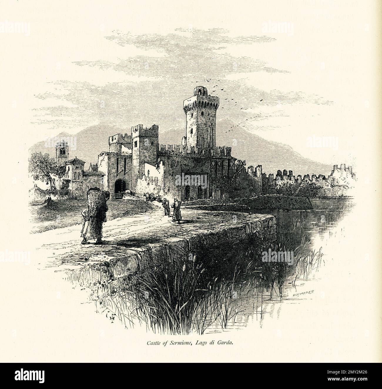 Antique engraving of the castle of Sirmione on the lower part of Lake Garda, Italy. Illustration published in Picturesque Europe, Vol. III (Cassell & Stock Photo