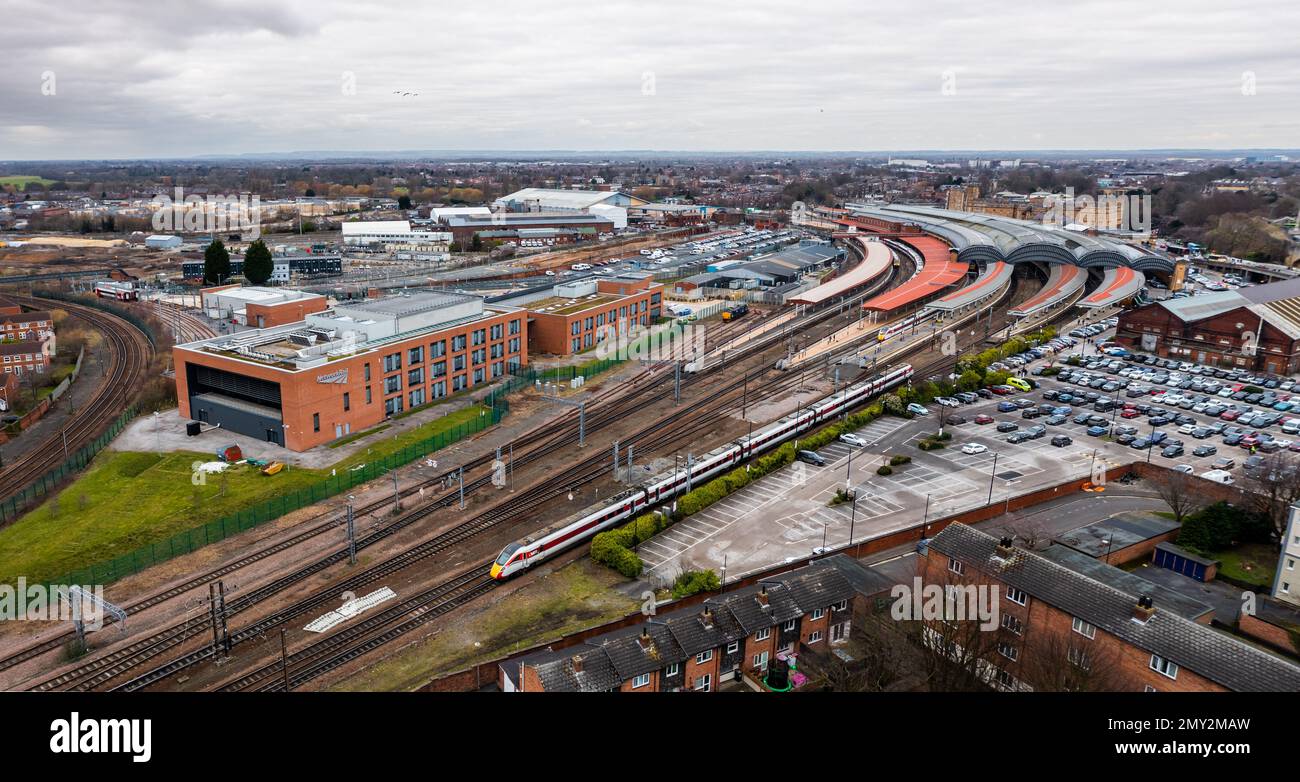 An aerial view of the buildings and surrounding area of York train
