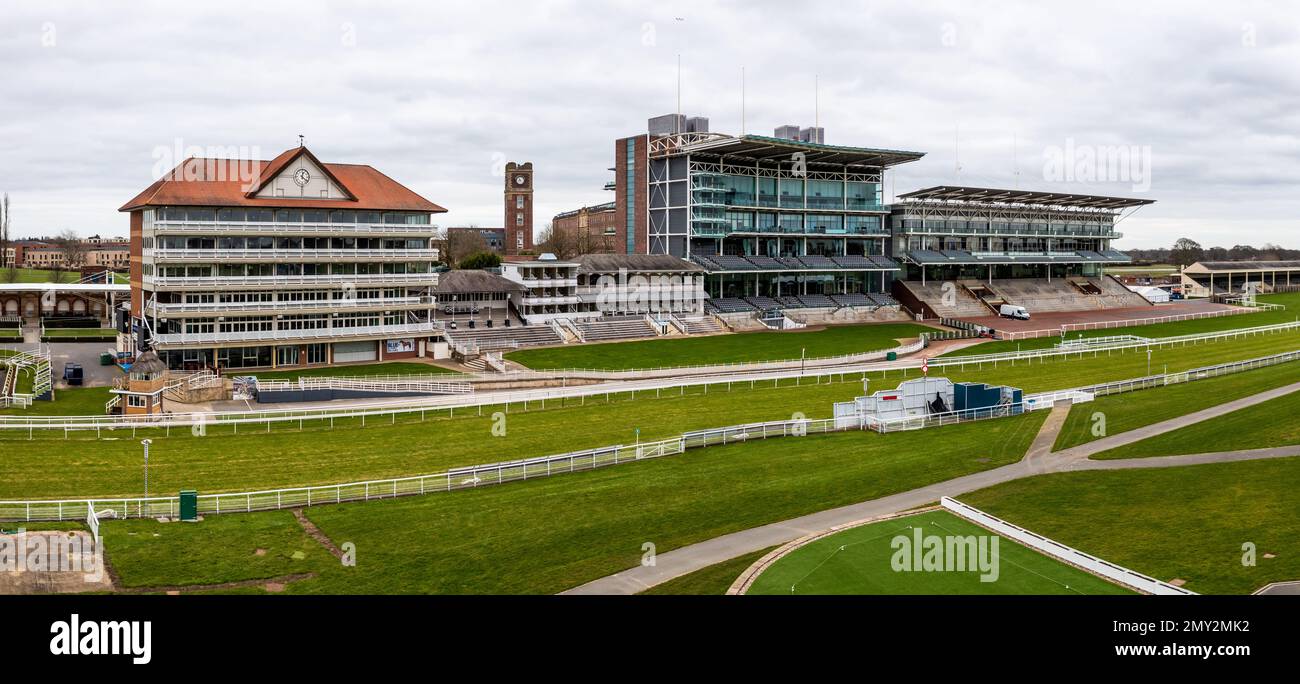YORK, UK - FEBRUARY 4, 2023.  Aerial view of York Racecourse with grandstand and viewing areas Stock Photo