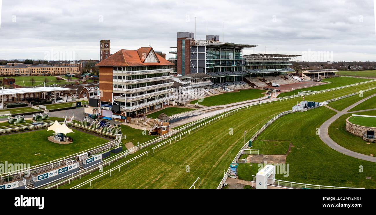 YORK, UK - FEBRUARY 4, 2023.  Aerial view of York Racecourse with grandstand and viewing areas Stock Photo