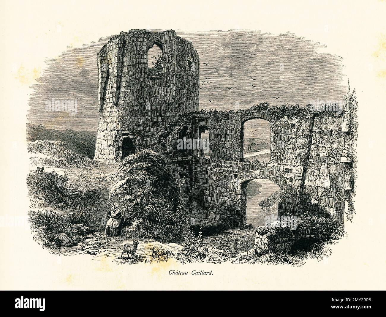 Antique illustration of the remnants of Chateau Gaillard, a medieval ...