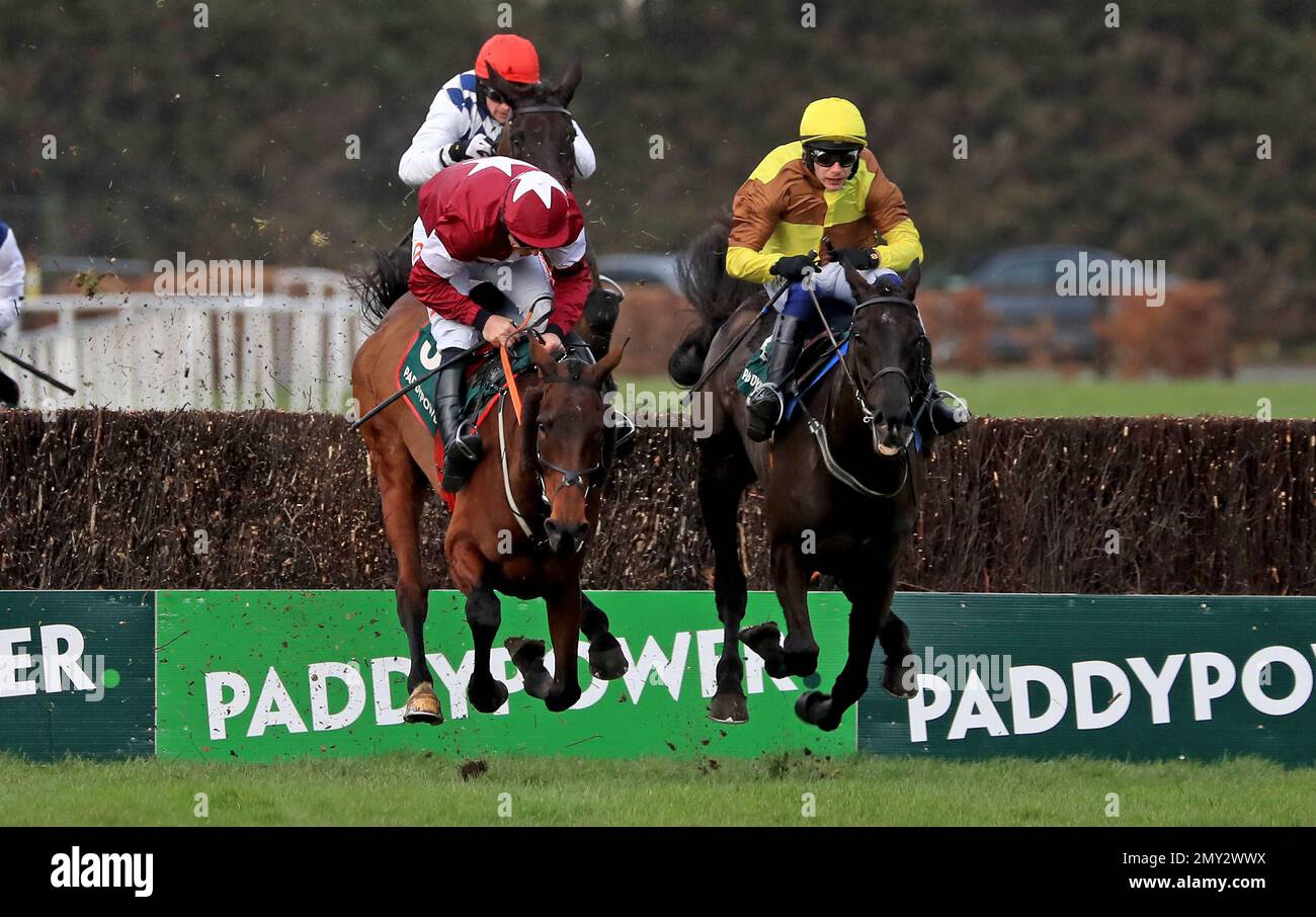 Galopin Des Champs ridden by Paul Townend comes home to win the fourth race, The Paddy Power Irish Gold Cup ahead of Fury Road ridden by Davy Russell during day one of the Dublin Racing Festival at Leopardstown Racecourse in Dublin, Ireland. Picture date: Saturday February 4, 2023. Stock Photo