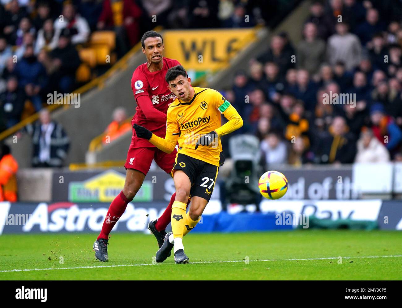 Wolverhampton Wanderers' Matheus Nunes attempts a shot on goal during the Premier League match at Molineux Stadium, Wolverhampton. Picture date: Saturday February 4, 2023. Stock Photo