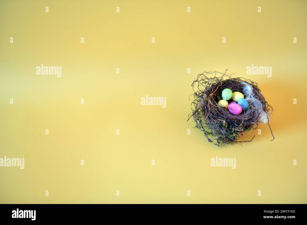 Small bird's nest and artificial eggs on yellow surface.  Copy space to the left. Stock Photo