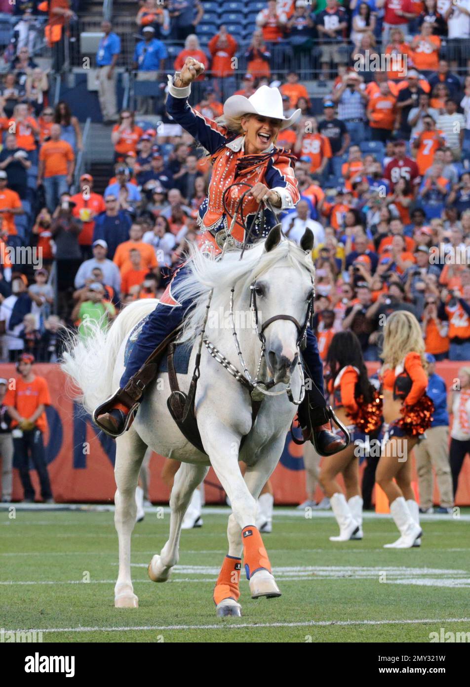 DENVER, CO - NOVEMBER 14: Ann Judge rides Denver Broncos live mascot  Thunder across the field after a Denver Broncos score during a game between  the Denver Broncos and the Philadelphia Eagles