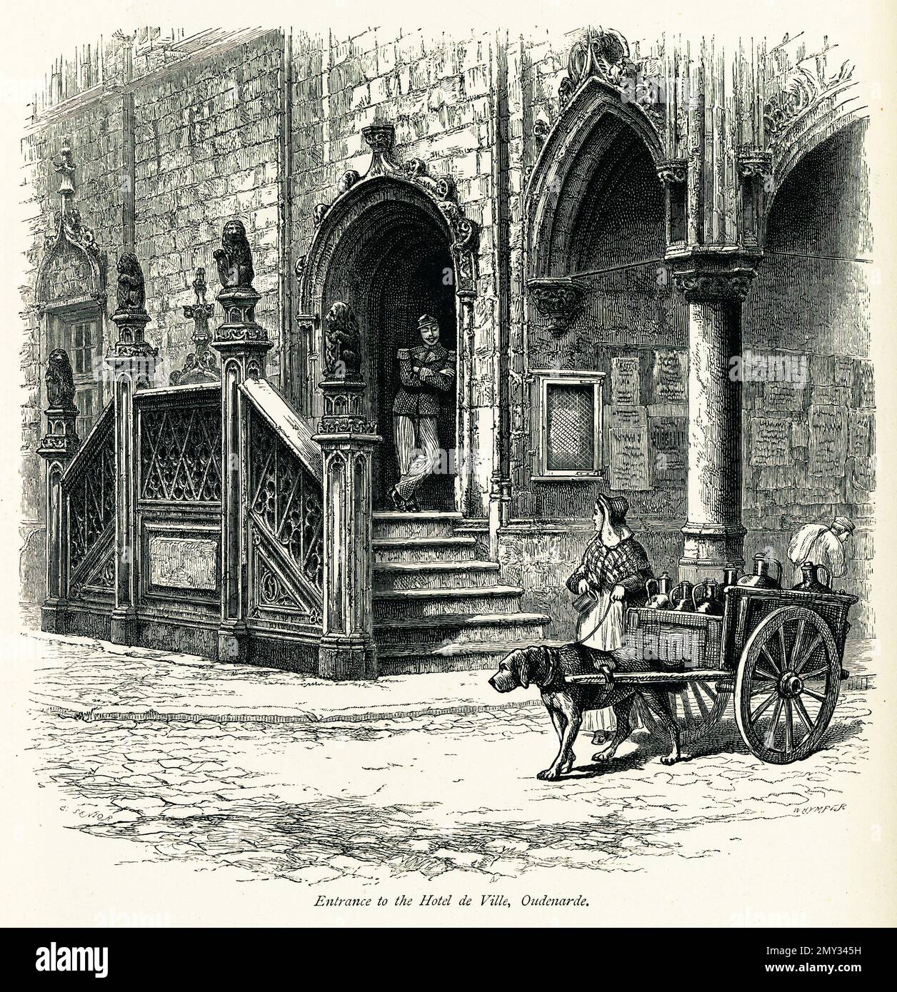 Antique engraving of the entrance to the Town Hall, also known as Hotel de Ville, in Oudenaarde, Belgium. Illustration published in Picturesque Europe Stock Photo