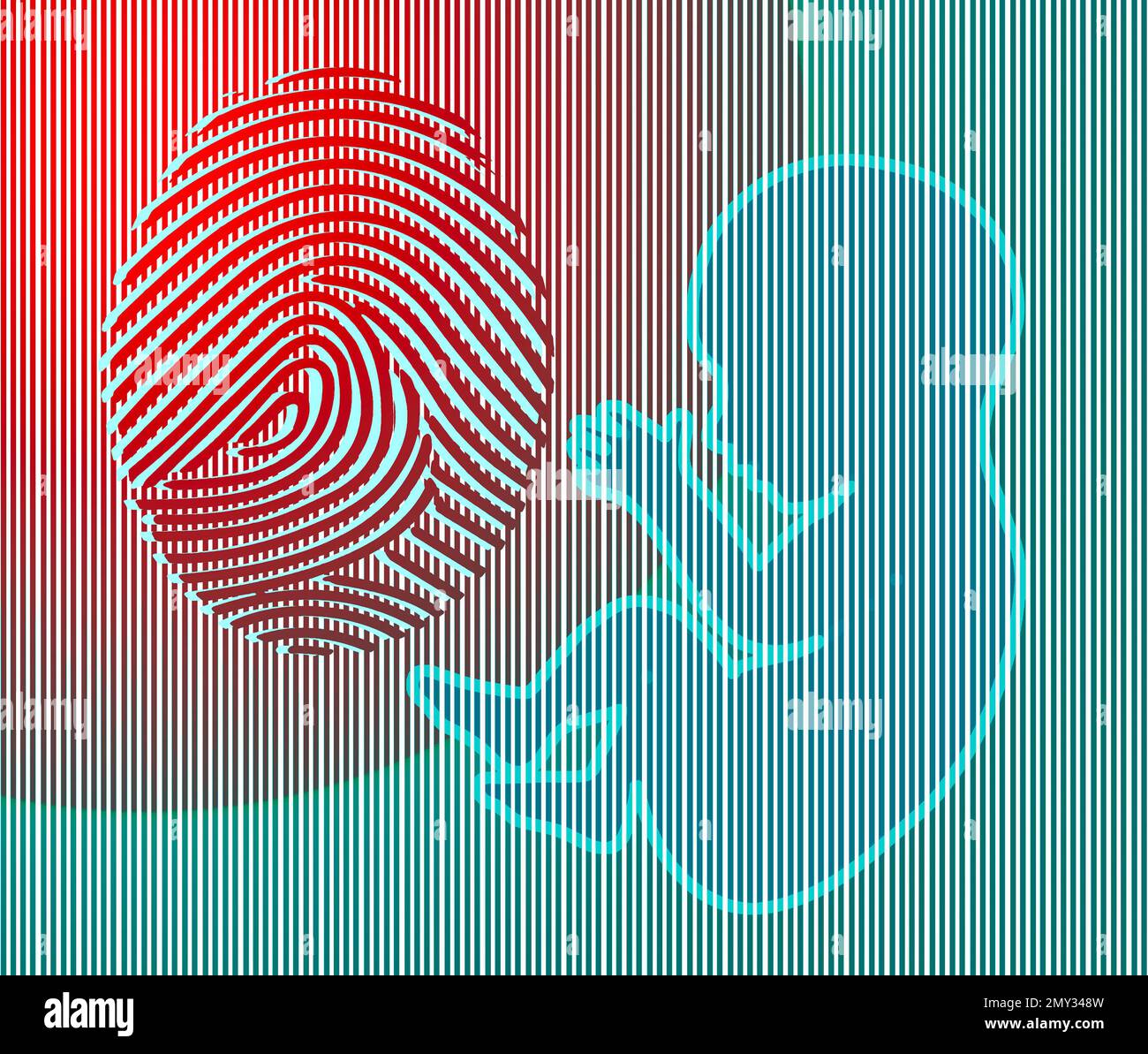 A fingerprint is seen with a human fetus in a 3-d illustration about if or when does a fetus become a human being with regards to abortion rights argu Stock Photo