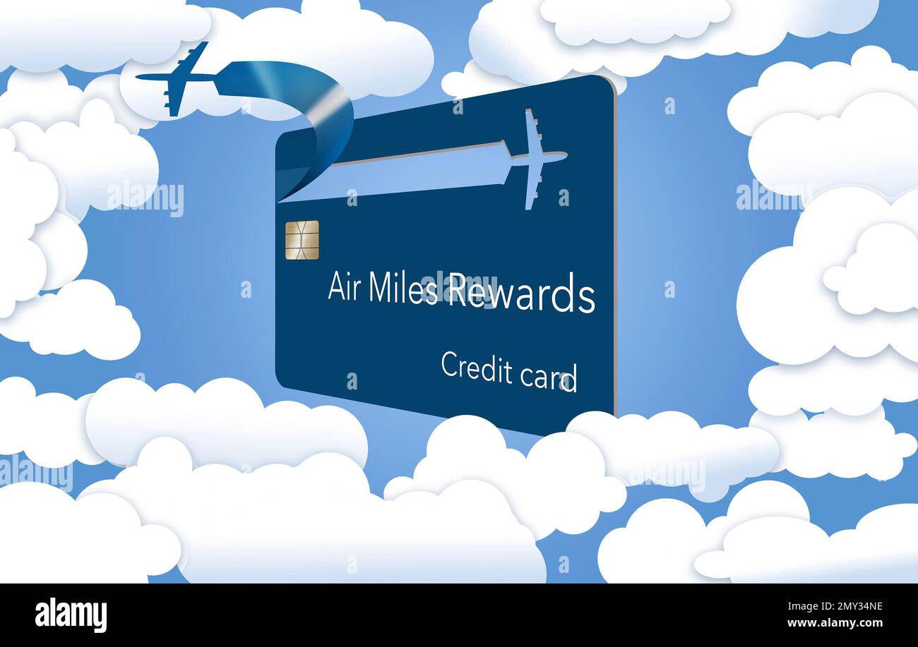 An airliiner peels off from the design on a generic air rewards credit card in a 3-d illustration about airline perks and free travel miles for using Stock Photo