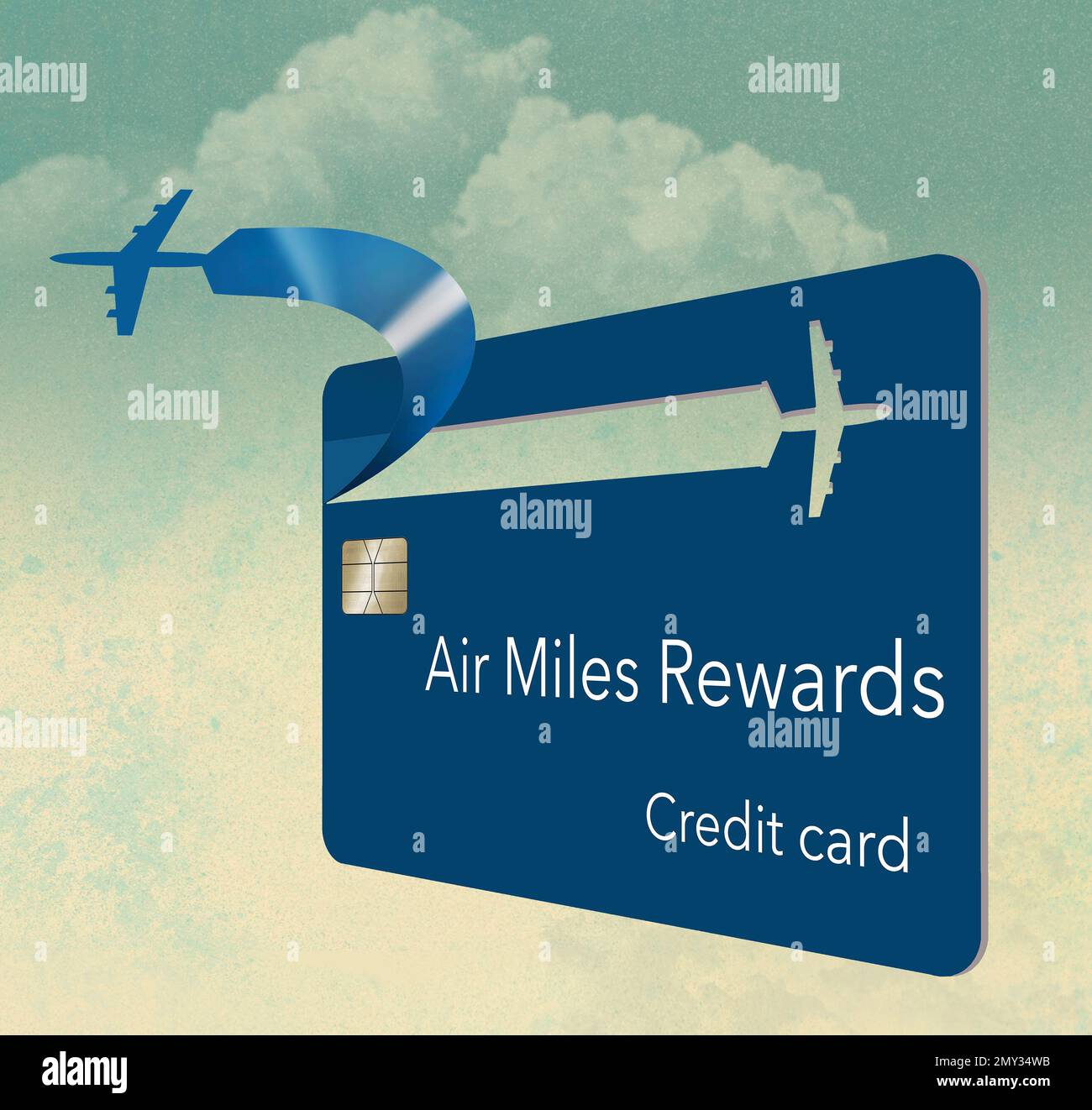 An airliiner peels off from the design on a generic air rewards credit card in a 3-d illustration about airline perks and free travel miles for using Stock Photo