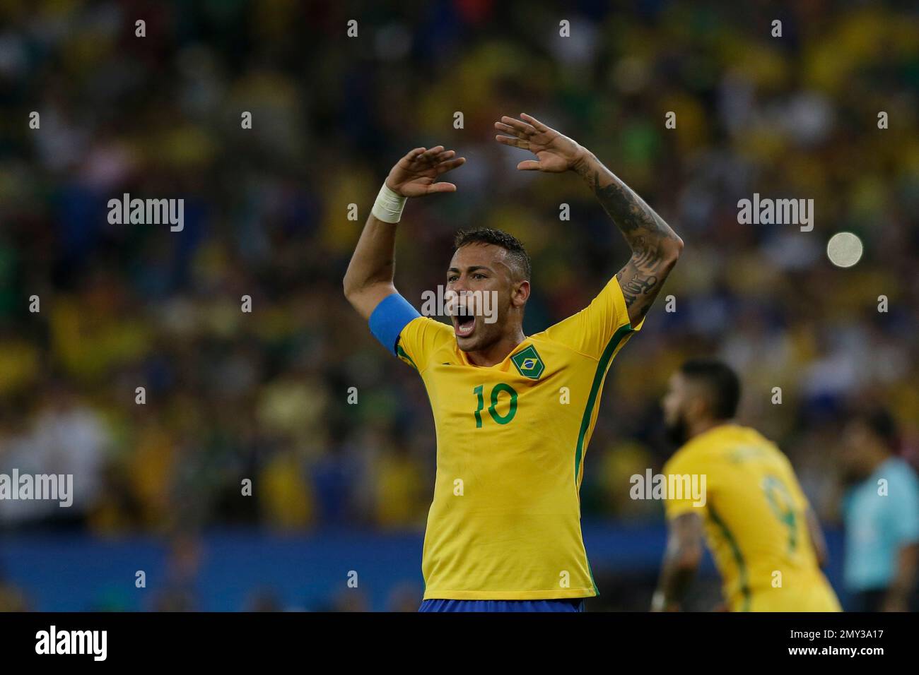 Brazil's Neymar celebrates scoring his side's first goal during the ...