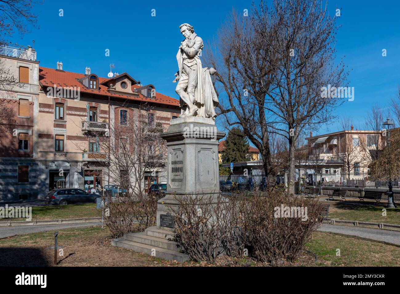 Saluzzo, Italy - February 03, 2023: Monument with statue of Giambattista Bodoni born in Saluzzo in 1740 known typographer creator of the famous Bodoni Stock Photo