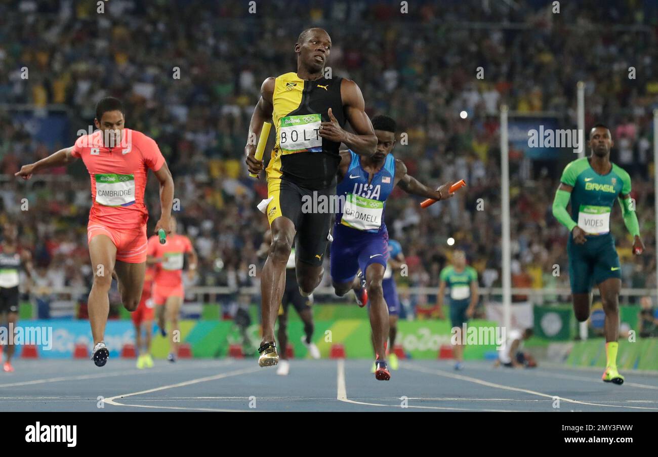 Jamaica's Usain Bolt competes in the men's 4x100-meter relay final ...