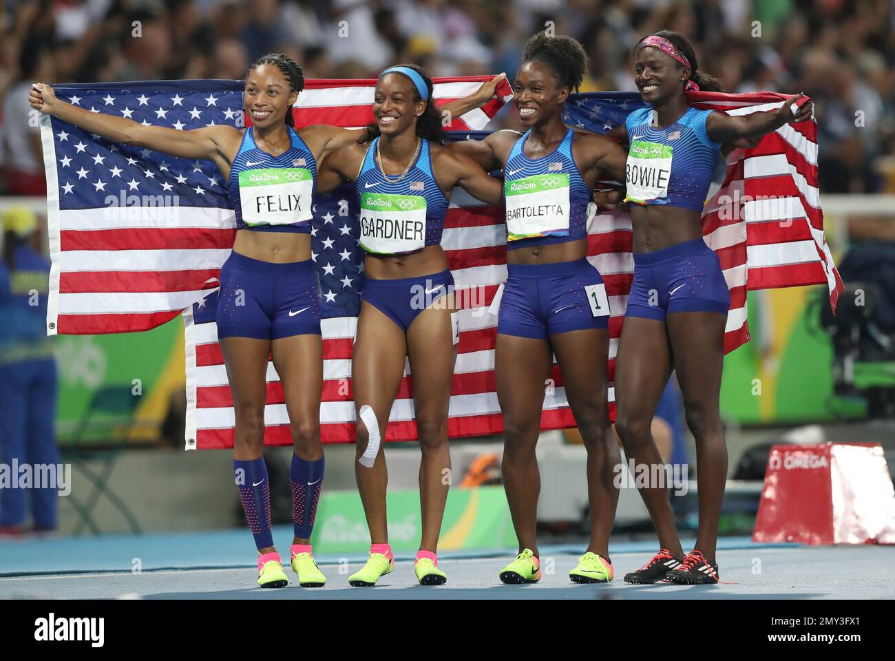 The United States team from left, Allyson Felix, English Gardner, Tianna Bartoletta and Tori