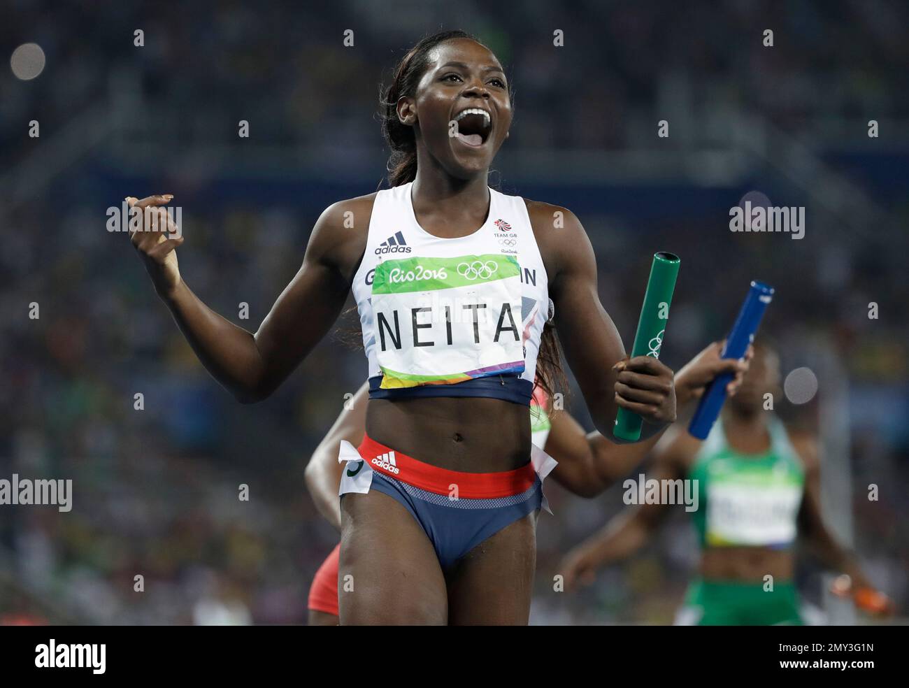 Britain's Daryll Neita celebrates winning the bronze medal in the women ...