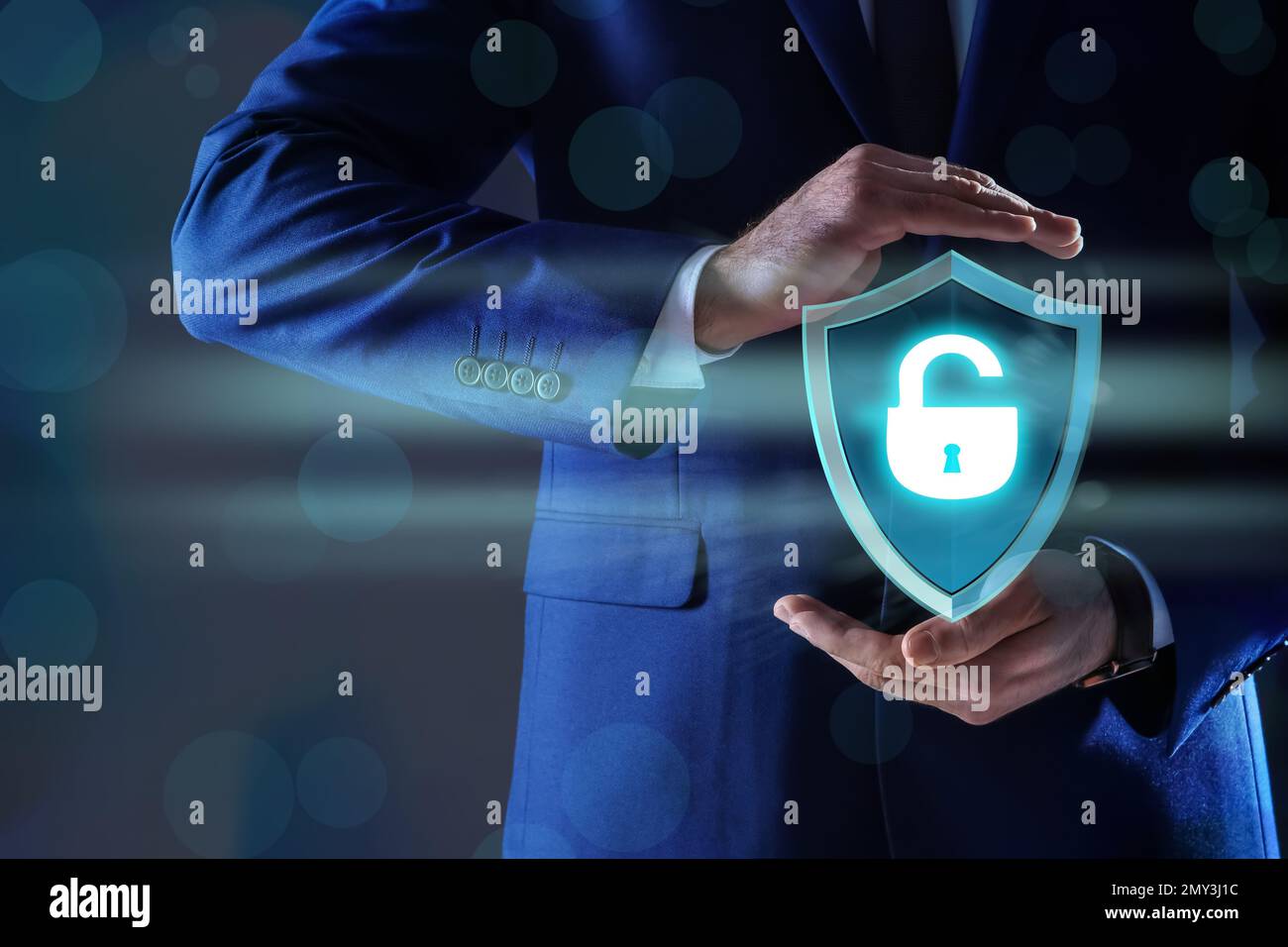 Cyber security concept. Man demonstrating padlock illustration, closeup Stock Photo