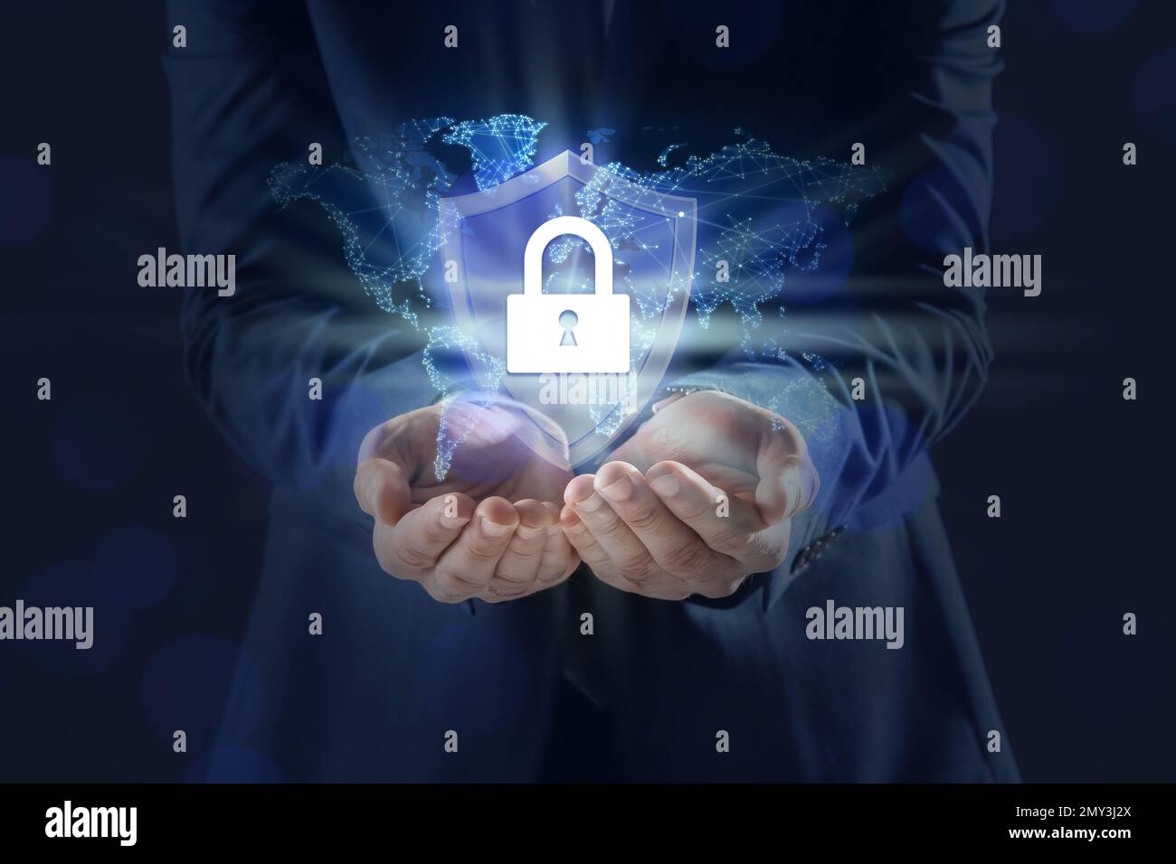 Cyber security concept. Man demonstrating padlock illustration, closeup Stock Photo