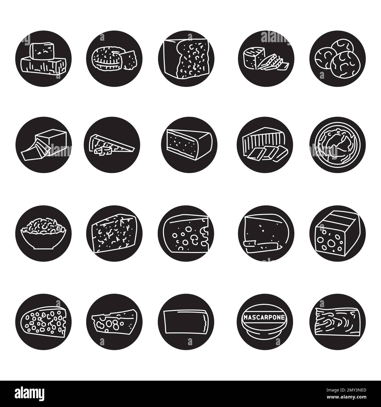 Types of cheeses black line icons set. Dairy products. Pictograms for web page, mobile app, promo. Stock Vector