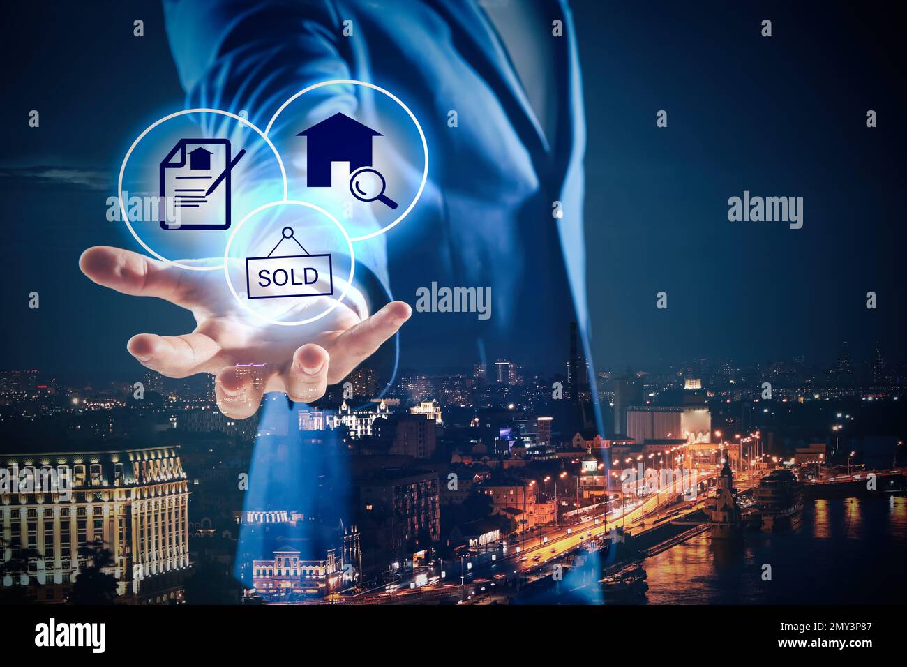 Double exposure of real estate agent with icons and night city Stock